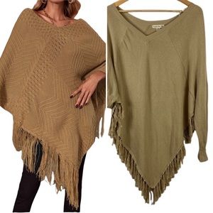 Double Zero Beige Poncho Fringe Hem Knit Poncho Cotton Blend Medium